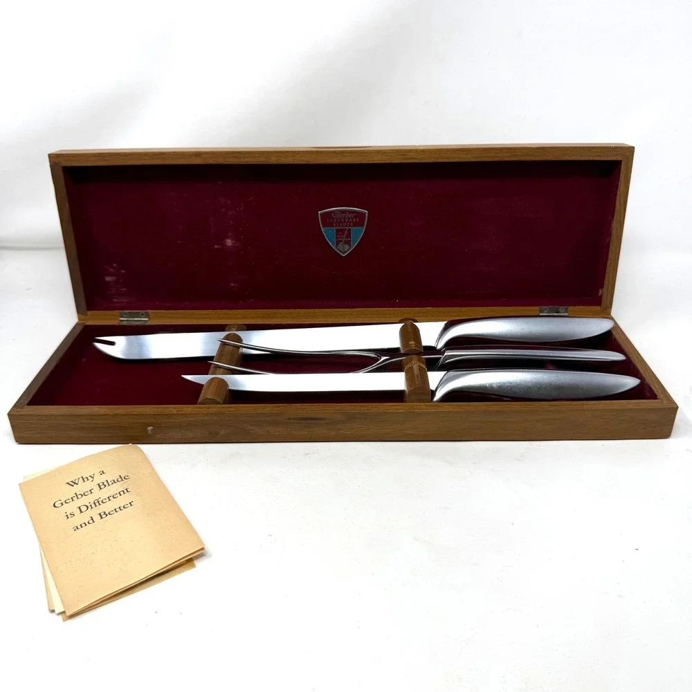 Gerber Legendary Blades Snickersnee Durendal Ron Carving Set Walnut Case Vintage